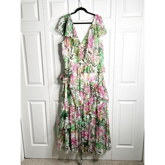 Badgley Mischka Multi Palm Print Ruffle Gown Maxi Dress Women's Plus Size 22 - Picture 1 of 12